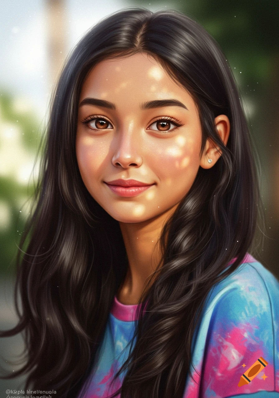 Digital art portrait of a young girl with long dark hair, warm brown eyes, glowing skin, wearing a colorful top.