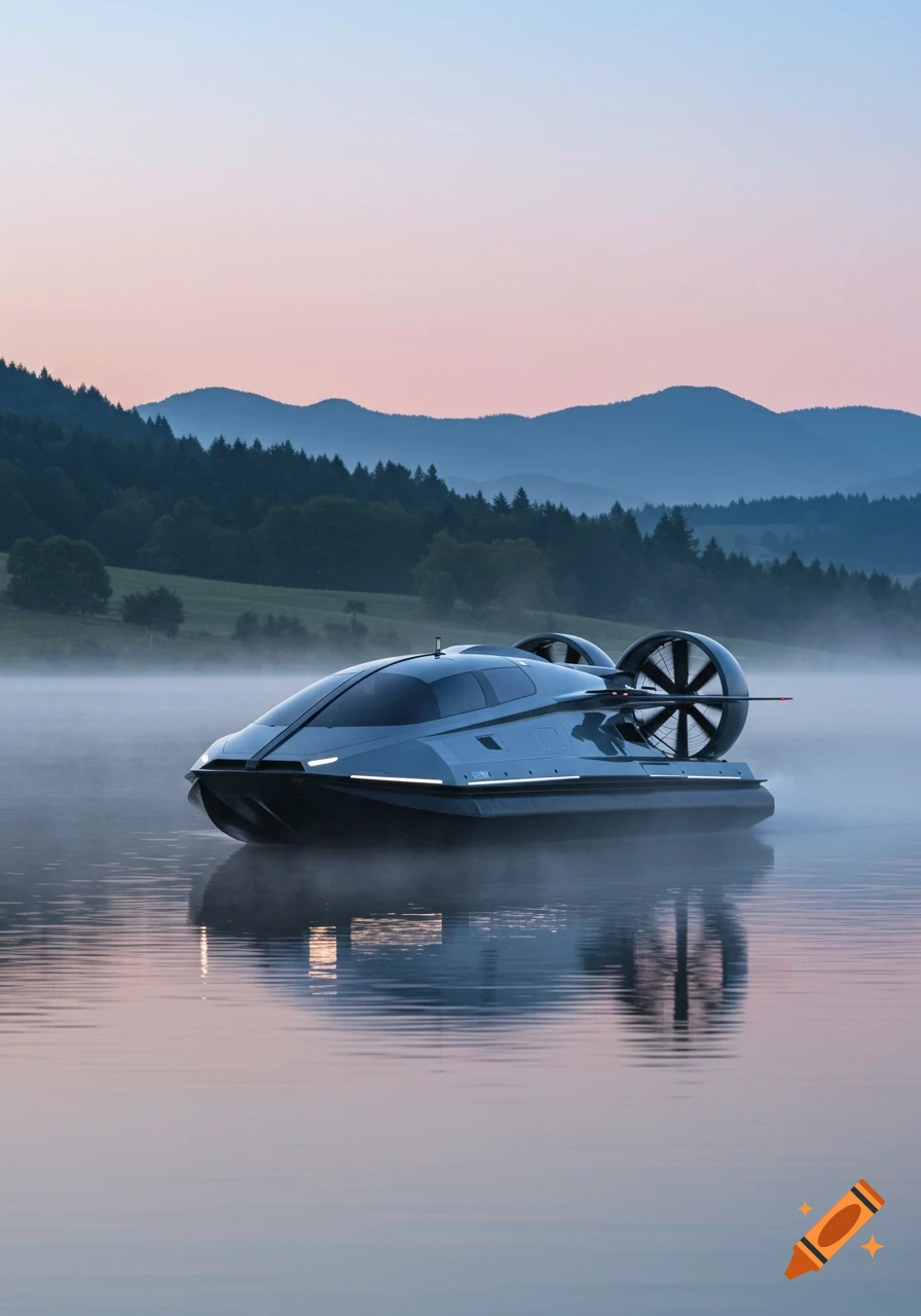 A sleek, futuristic hovercraft glides on a misty lake with mountains and a pastel sky in the background, photorealistic.