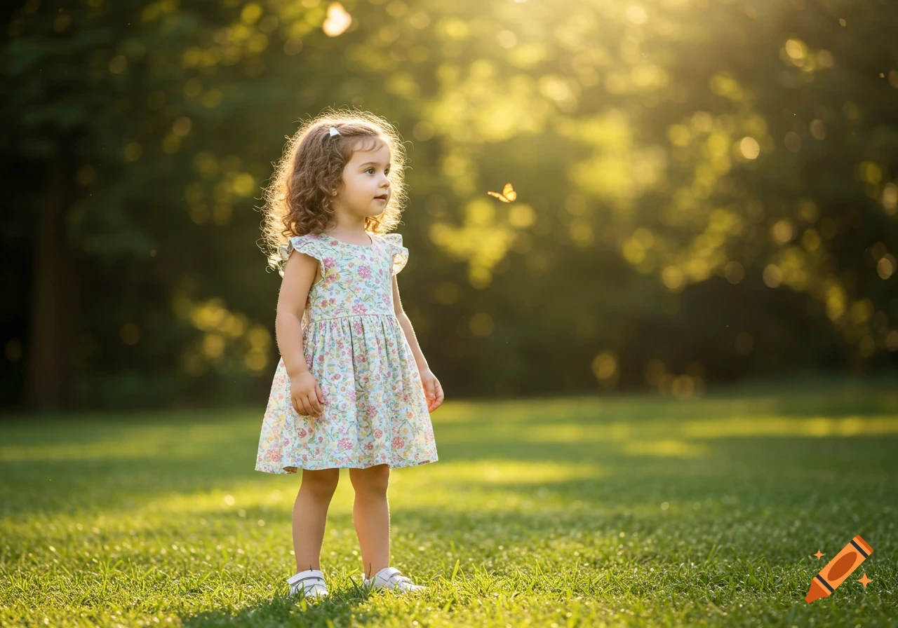 A young girl with curly hair in a floral dress stands in a sunny green park, looking left at a butterfly.