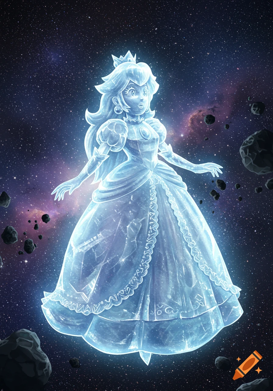 A glowing, ice statue of Princess Peach drifts through deep space, surrounded by stars and asteroids.