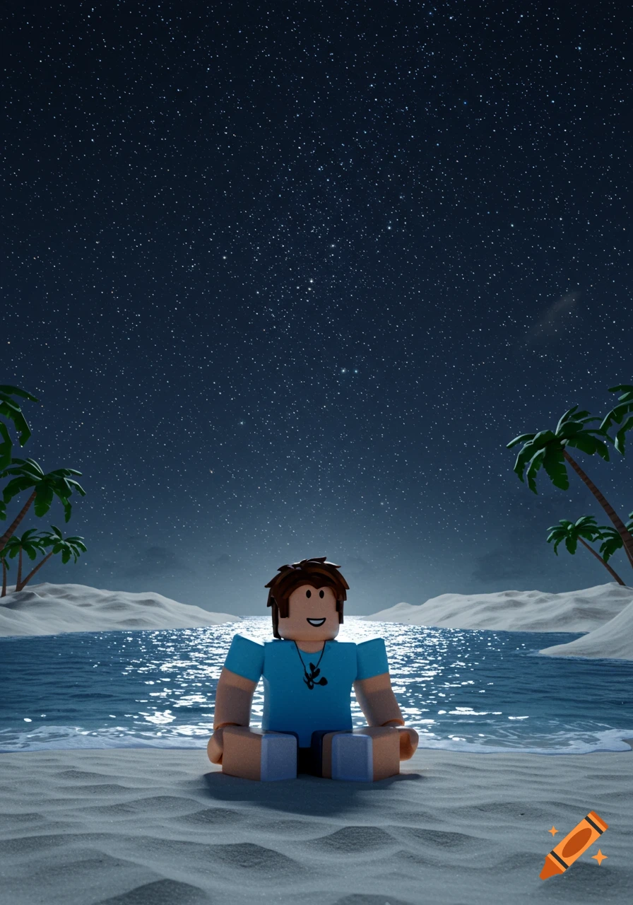 A Roblox character sits on a sandy beach at night, with the ocean reflecting the starry sky, and palm trees in the background.