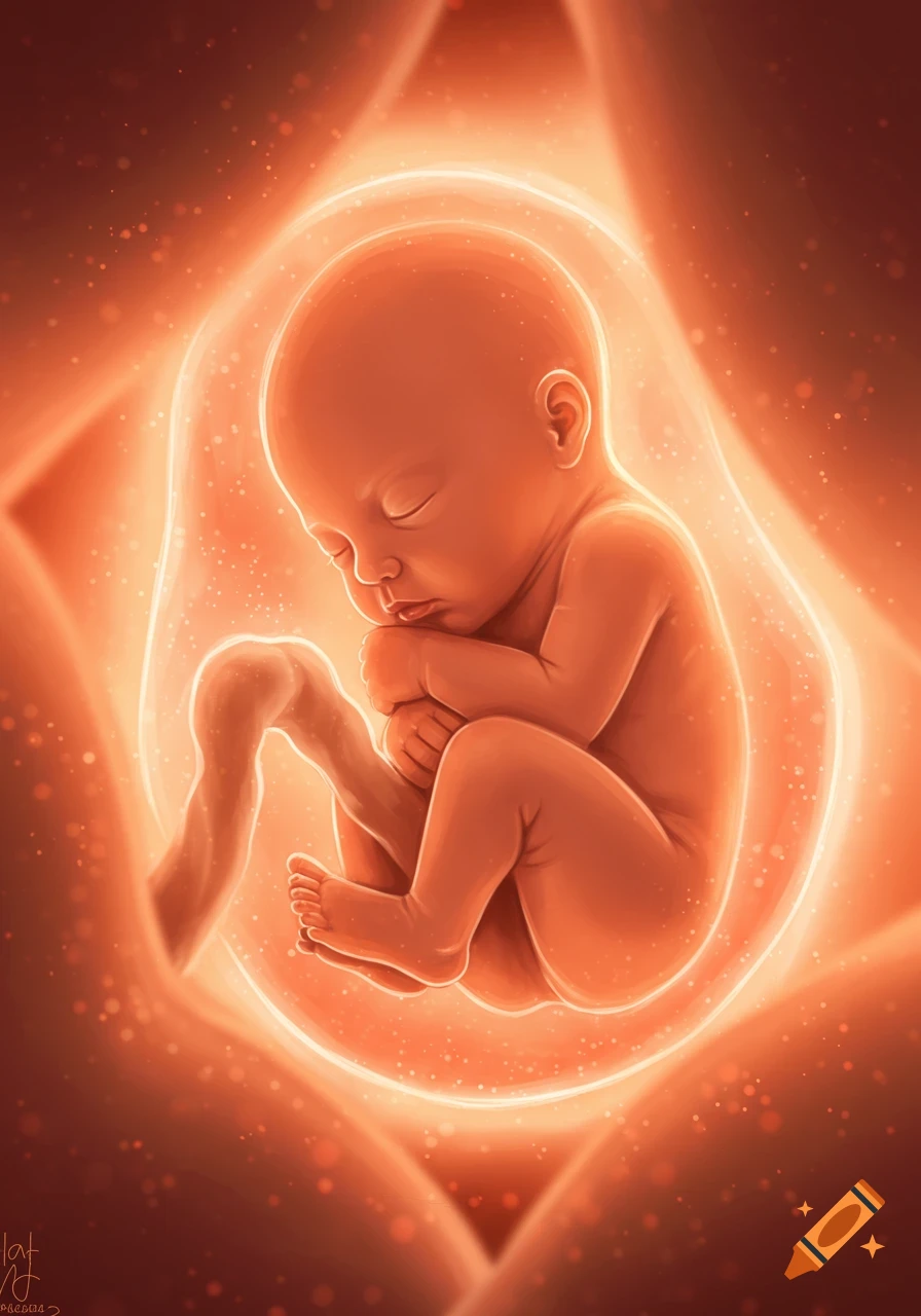 A stylized, glowing illustration of a sleeping human fetus curled in the warmth of a womb, surrounded by sparkling particles.