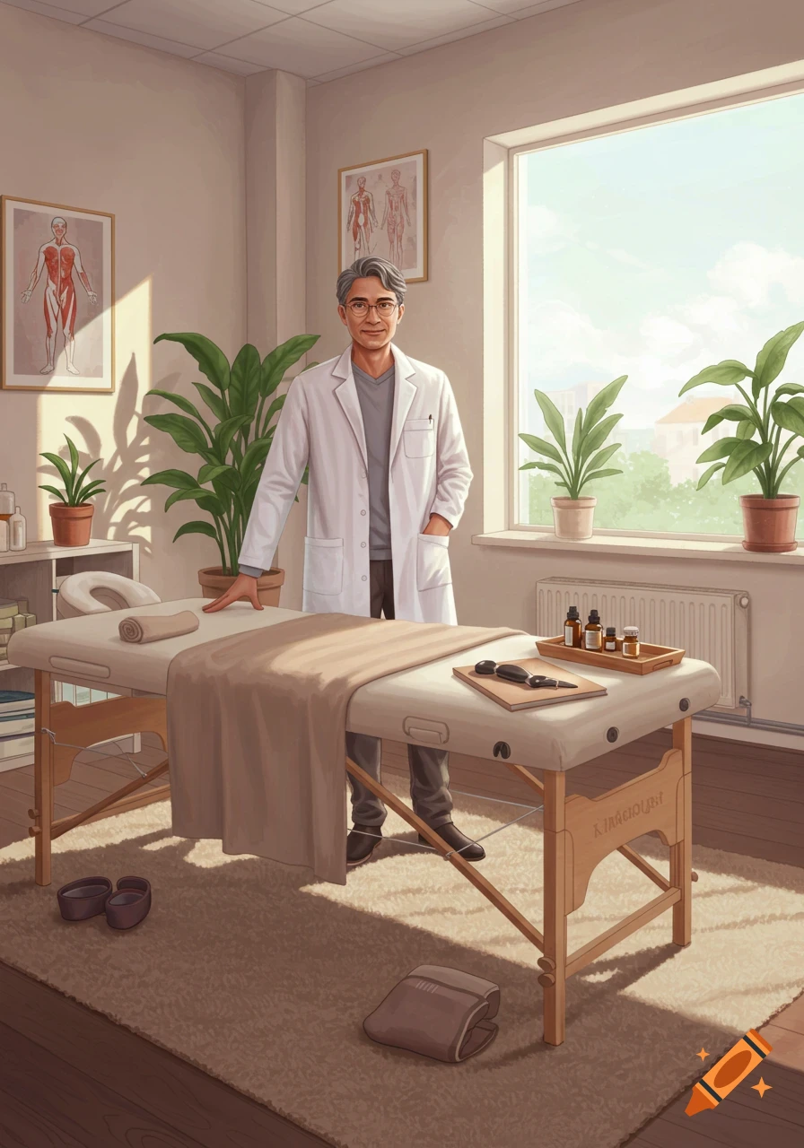 An Asian male doctor in a white lab coat stands next to a massage table in a sunny medical office with anatomical charts and plants.
