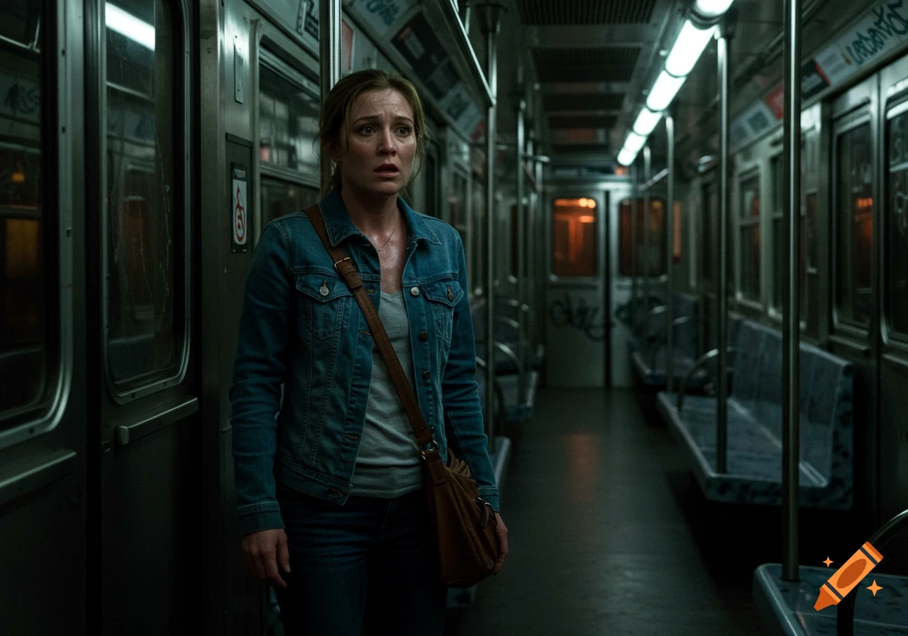 A nervous Caucasian woman in a denim jacket stands in a dimly lit, empty subway car at night, looking startled. Photorealistic style.