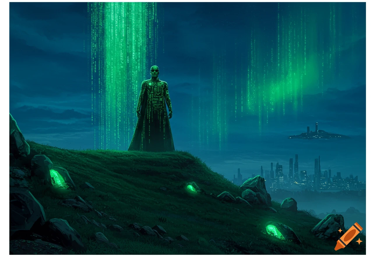 A cloaked figure stands on a grassy hill under green digital rain, overlooking a futuristic city. Digital illustration.