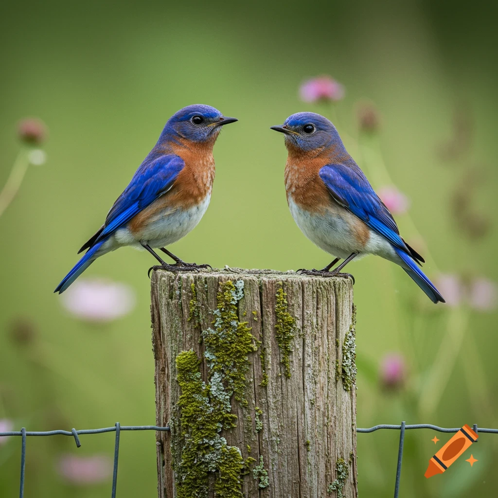 Two Eastern bluebirds with blue and orange feathers perch facing each other on a mossy wooden fence post in a natural setting.