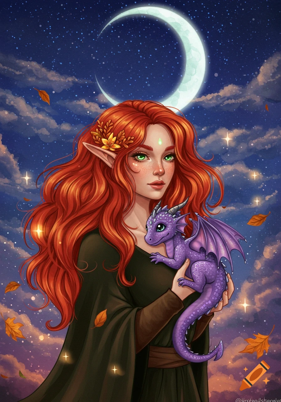 An ethereal red-haired elf with green eyes holds a cute purple baby dragon under a crescent moonlit, starry sky in a vibrant fantasy illustration.