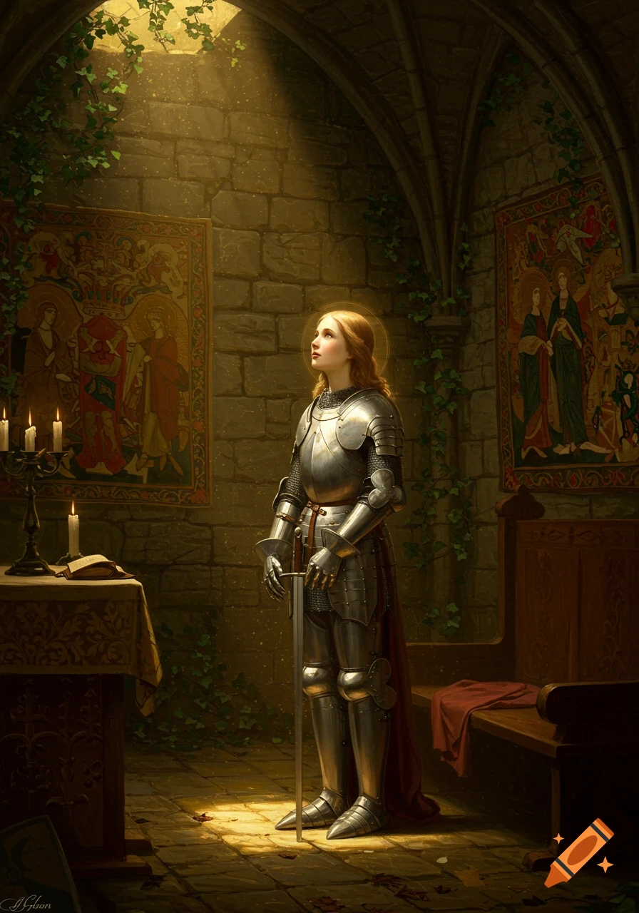A young woman in shining plate armor, resembling Joan of Arc, looks up into a ray of light in a dim stone chapel.