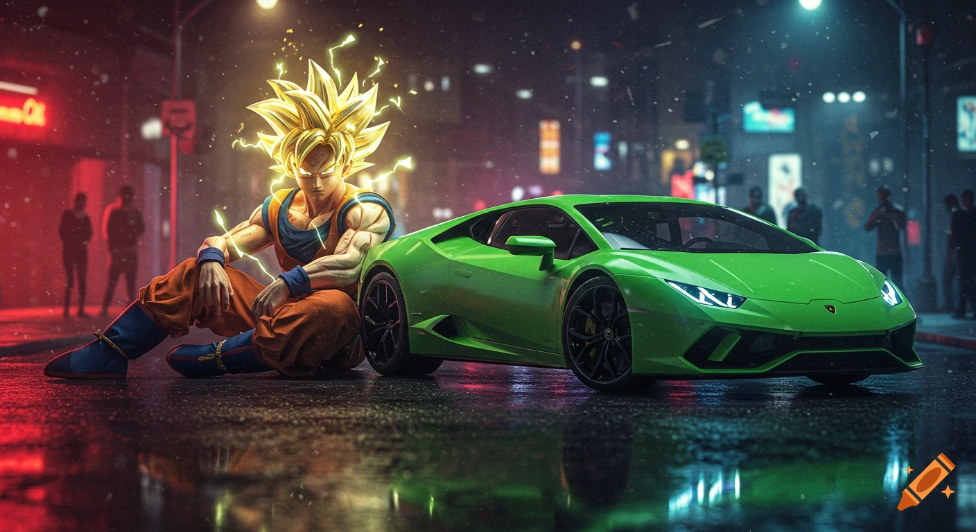 Hyper-realistic Goku in Super Saiyan form sits next to a green Lamborghini on a wet, neon-lit city street at night.