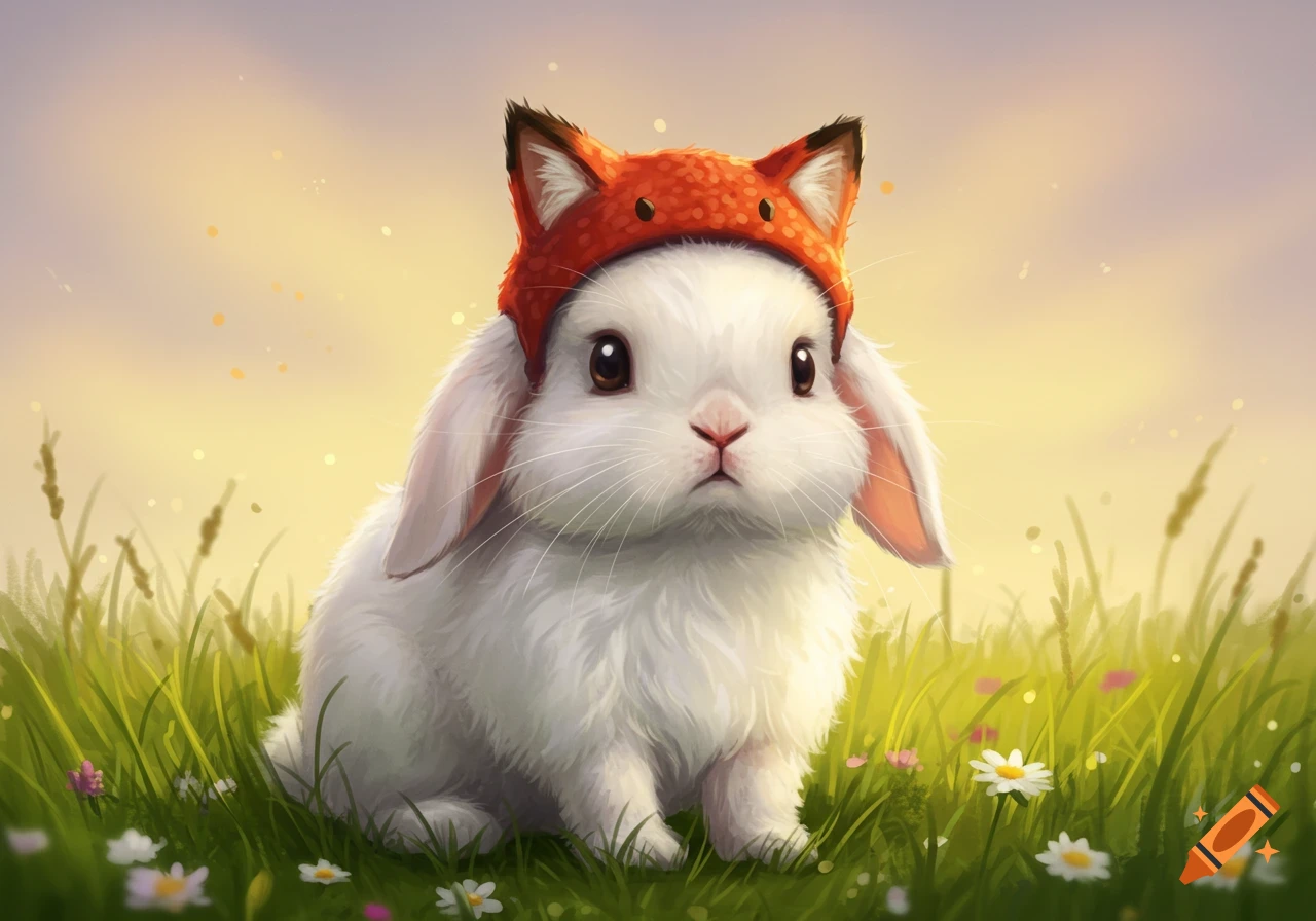 A fluffy white bunny wearing a fox hat sits in green grass with small white flowers under a warm sky.