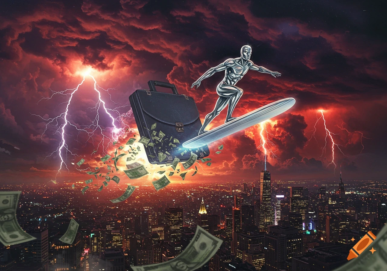 Silver Surfer flies on a board next to a briefcase spilling money over a stormy city skyline with lightning.