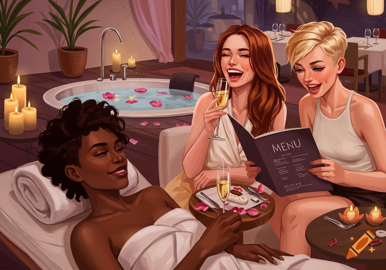 Three smiling women enjoying a spa and restaurant experience with champagne and rose petals in an illustrative style.