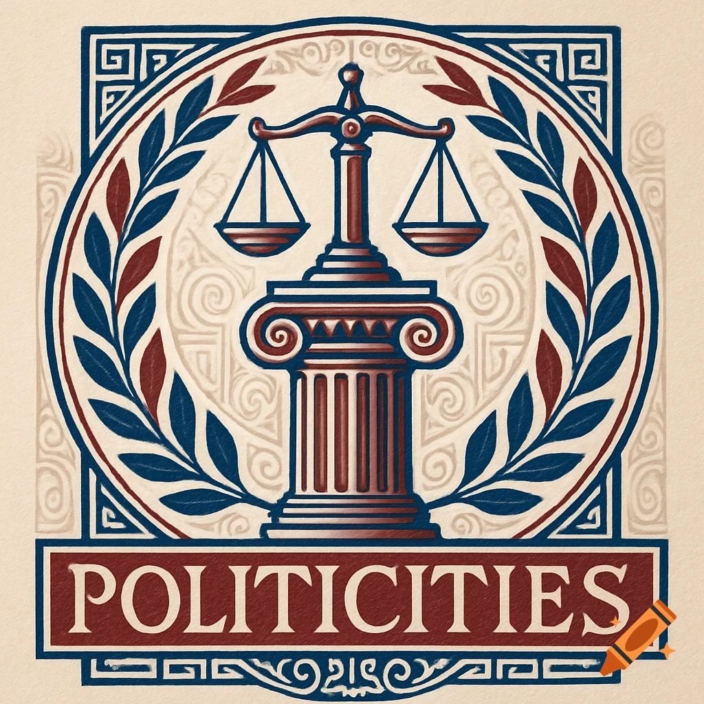 A classical Greek-style red, white, and blue symbol with scales of justice, an Ionic column, laurel leaves, and the word 'POLITICITIES'.