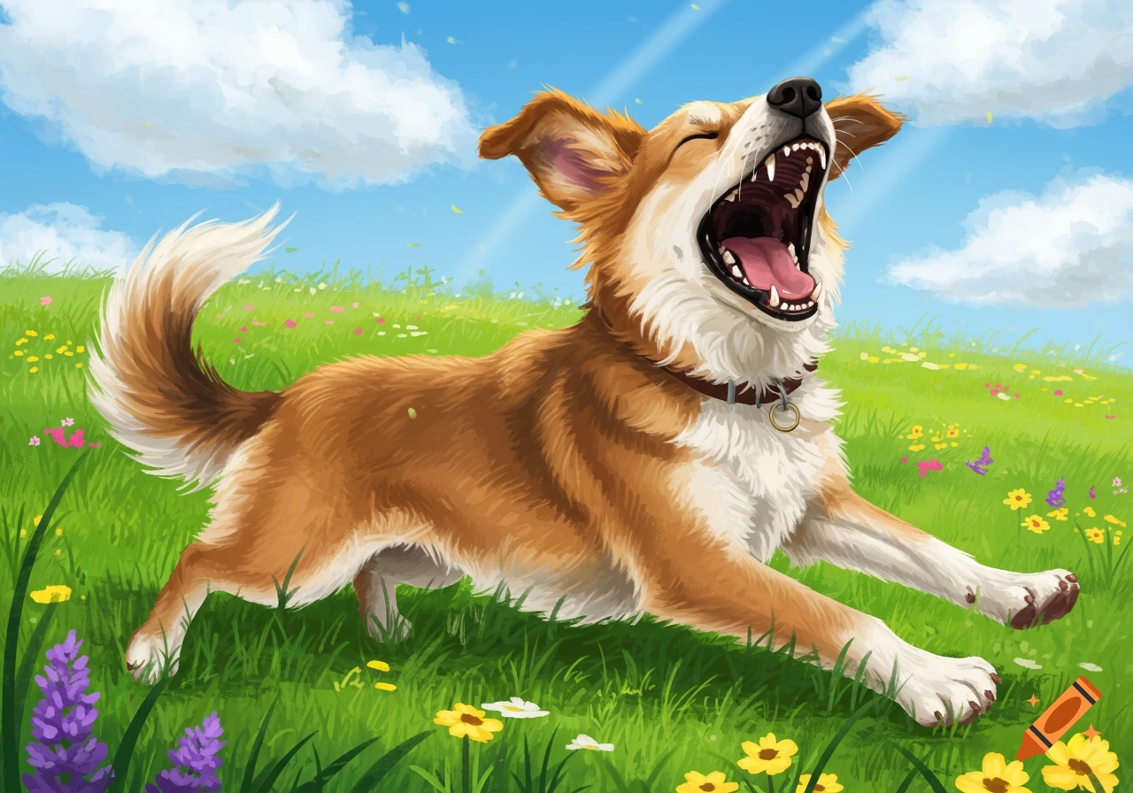 A happy, illustrated brown and white dog running through a field of wildflowers under a blue sky, mouth wide open.