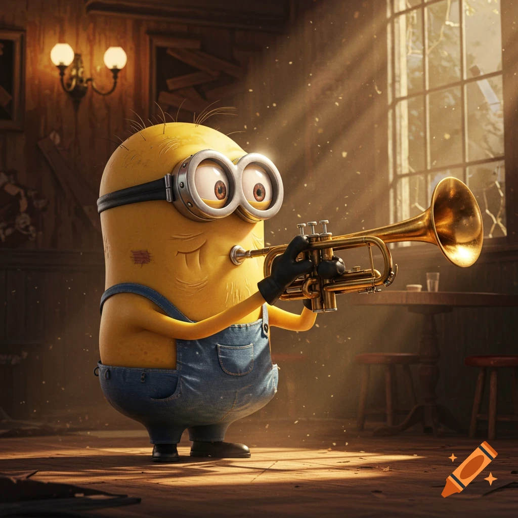 A Minion in overalls plays a golden trumpet in a rustic, sunlit room, photorealistic animated style.