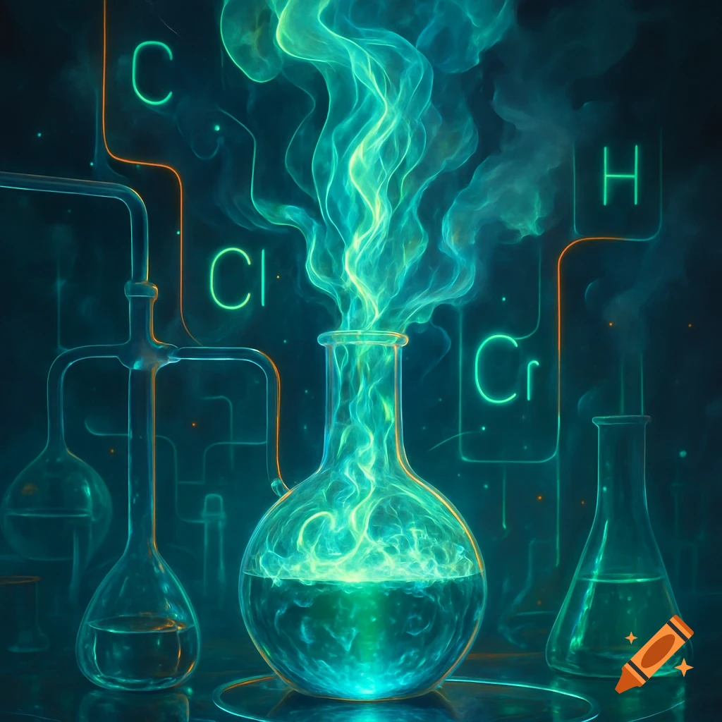 Glowing teal liquid bubbling in a round-bottom flask, surrounded by other lab glassware and neon chemical symbols C, Cl, H, Cr on a dark background.