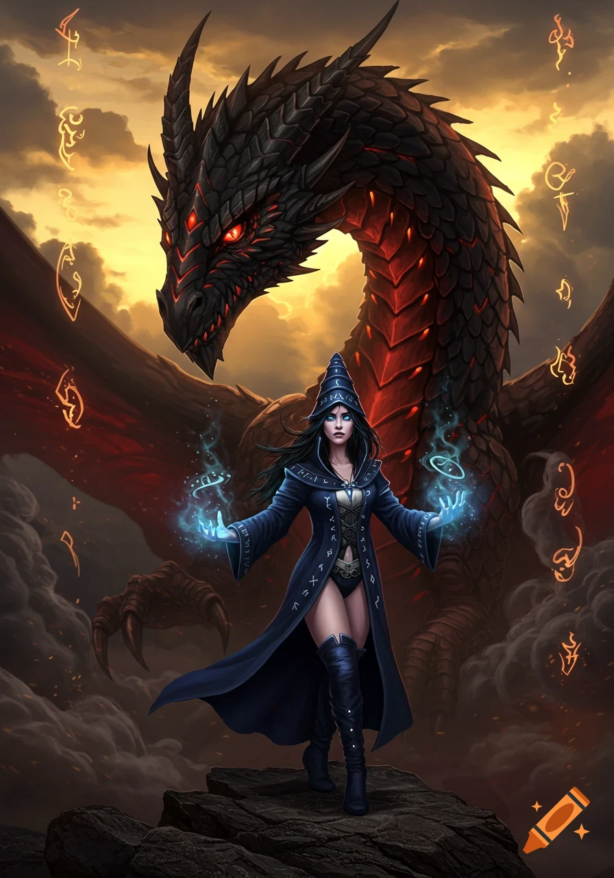 A dark magician casts blue magic, standing before a large black and red dragon under an orange, cloudy sky in this fantasy art.