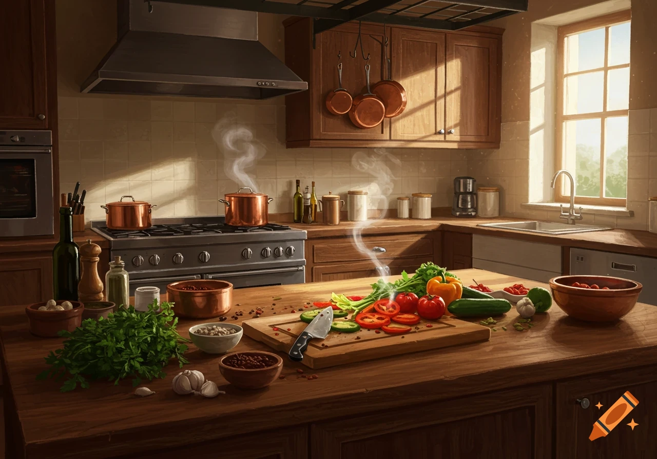 A beautifully lit kitchen with vegetables prepped on a wooden counter, pots steaming on the stove, and sunlight streaming through a window.