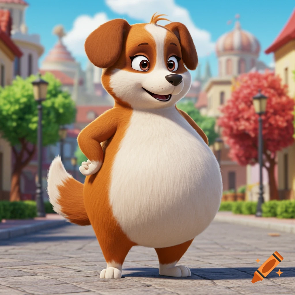 A cute 3D cartoon brown and white dog with a very round belly stands on a cobblestone street in a town.