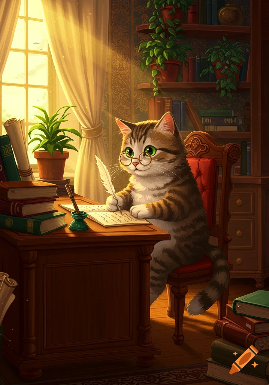 A cute tabby cat wearing glasses sits at a wooden desk, writing on paper with a quill pen in a sunlit study room filled with books and plants.