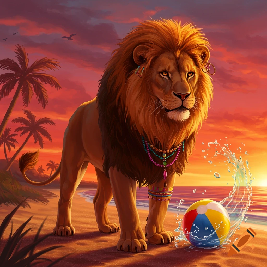 A majestic lion adorned with jewelry stands on a tropical beach at sunset, with a colorful beach ball splashing in the water beside it.