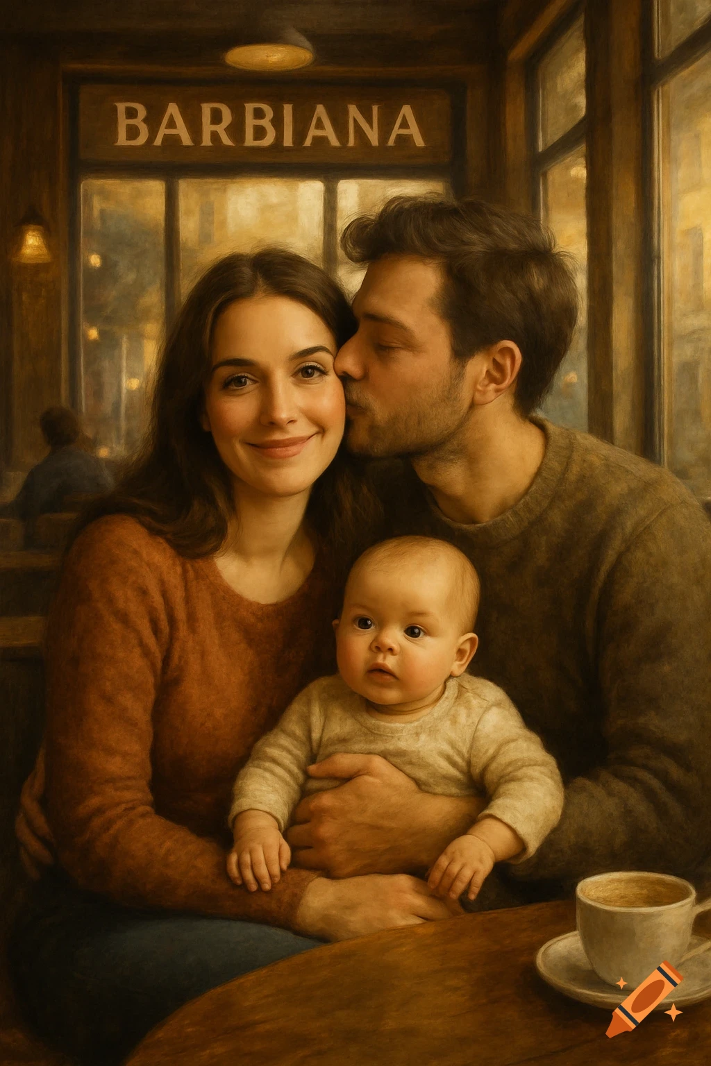 A man kisses a woman's cheek as she smiles at the camera, holding a baby. They are in a warm, painterly cafe with a 'BARBIANA' sign.