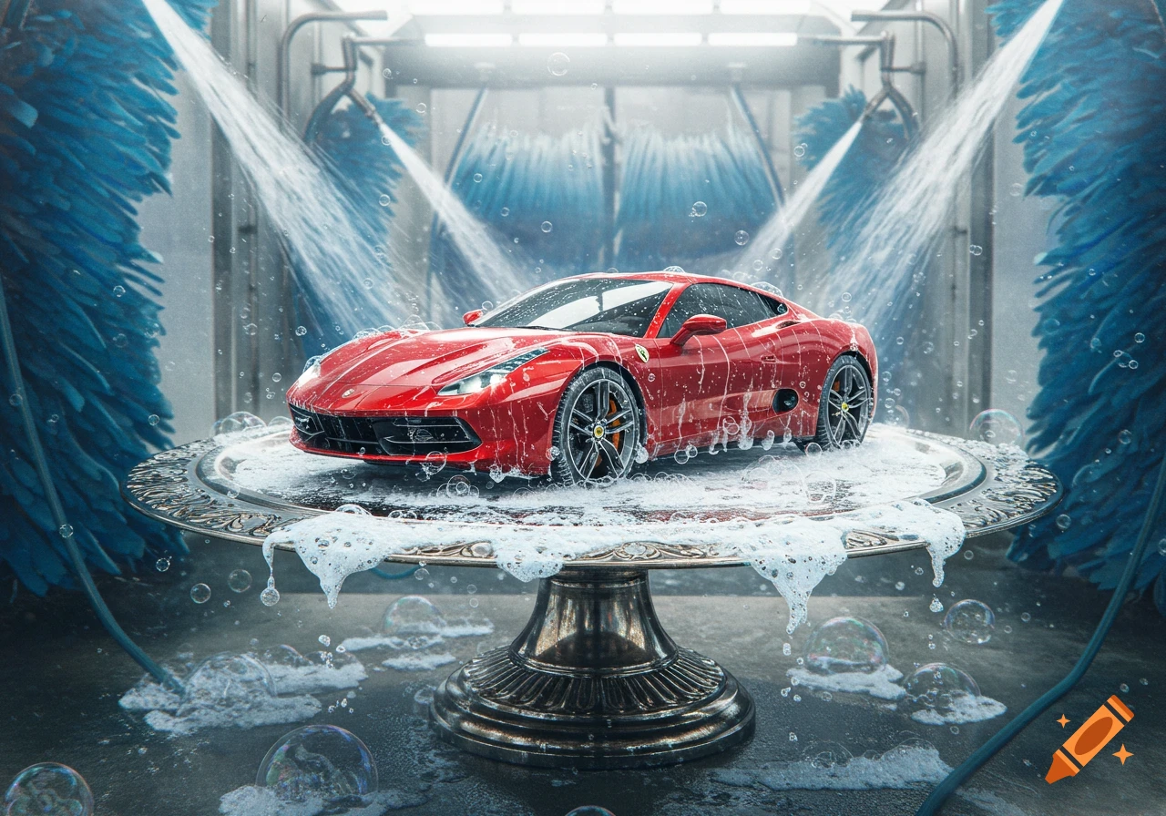 A red sports car sits on a silver serving platter in a car wash, being sprayed with water and suds. Photorealistic style.