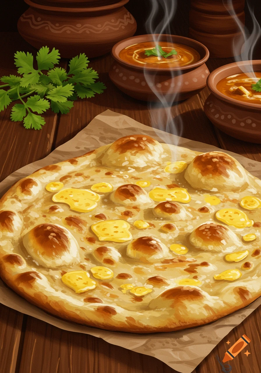 A warm cheese naan with melted butter, steaming beside clay pots of curry and cilantro on a wooden table, in an illustrative style.