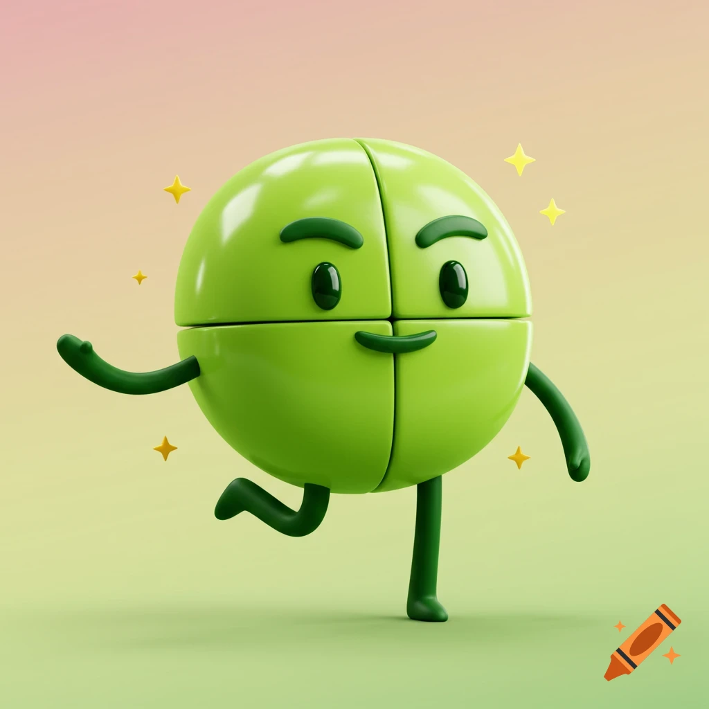 A lime green character made of four quadrants, with dark green eyebrows, lips, and limbs, stands against a gradient background with yellow stars.