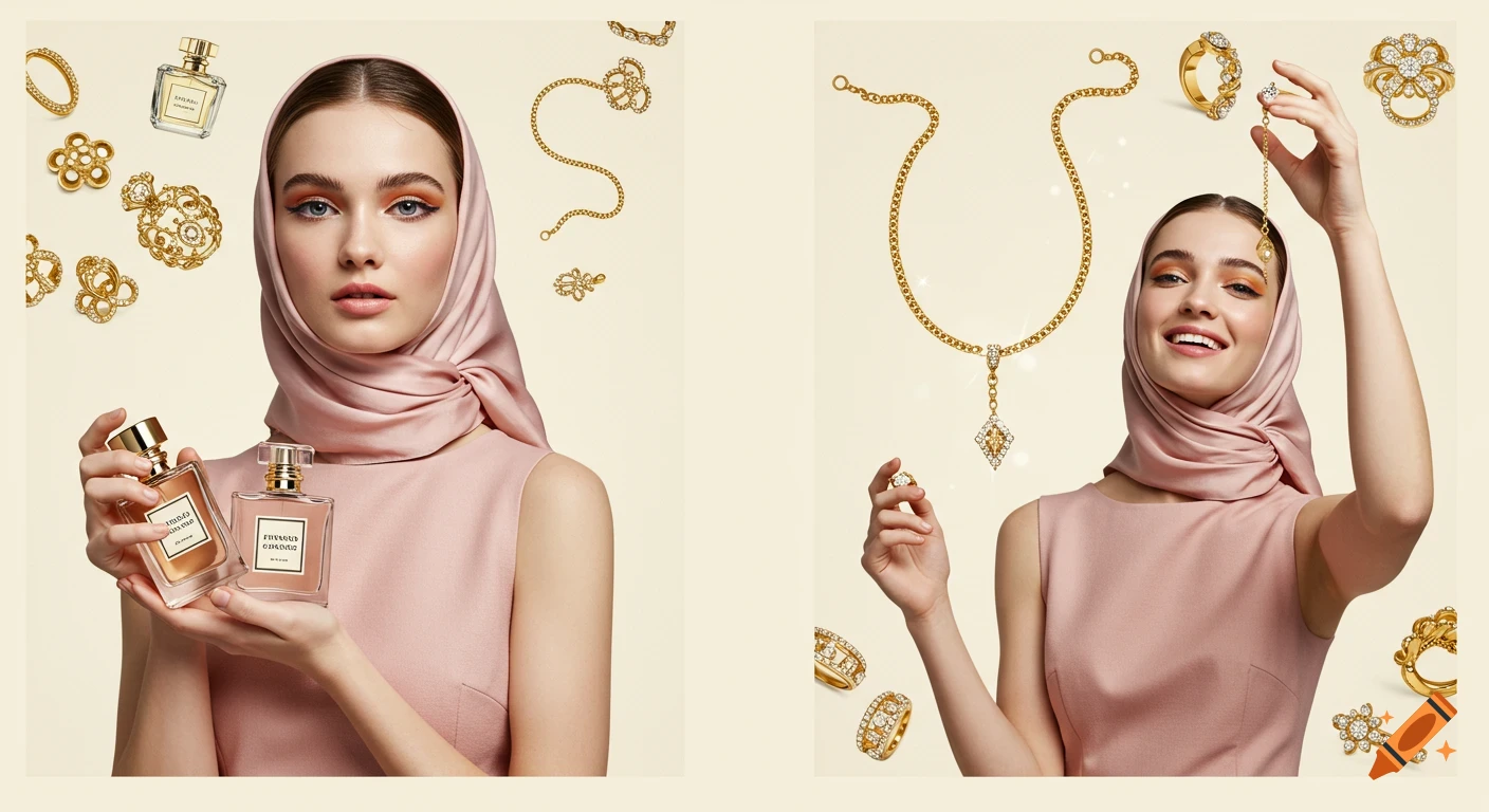 A diptych featuring two women with light makeup and pink dresses. The left shows a woman holding two perfume bottles. The right shows a woman smiling while holding a gold necklace, surrounded by floating gold jewelry.