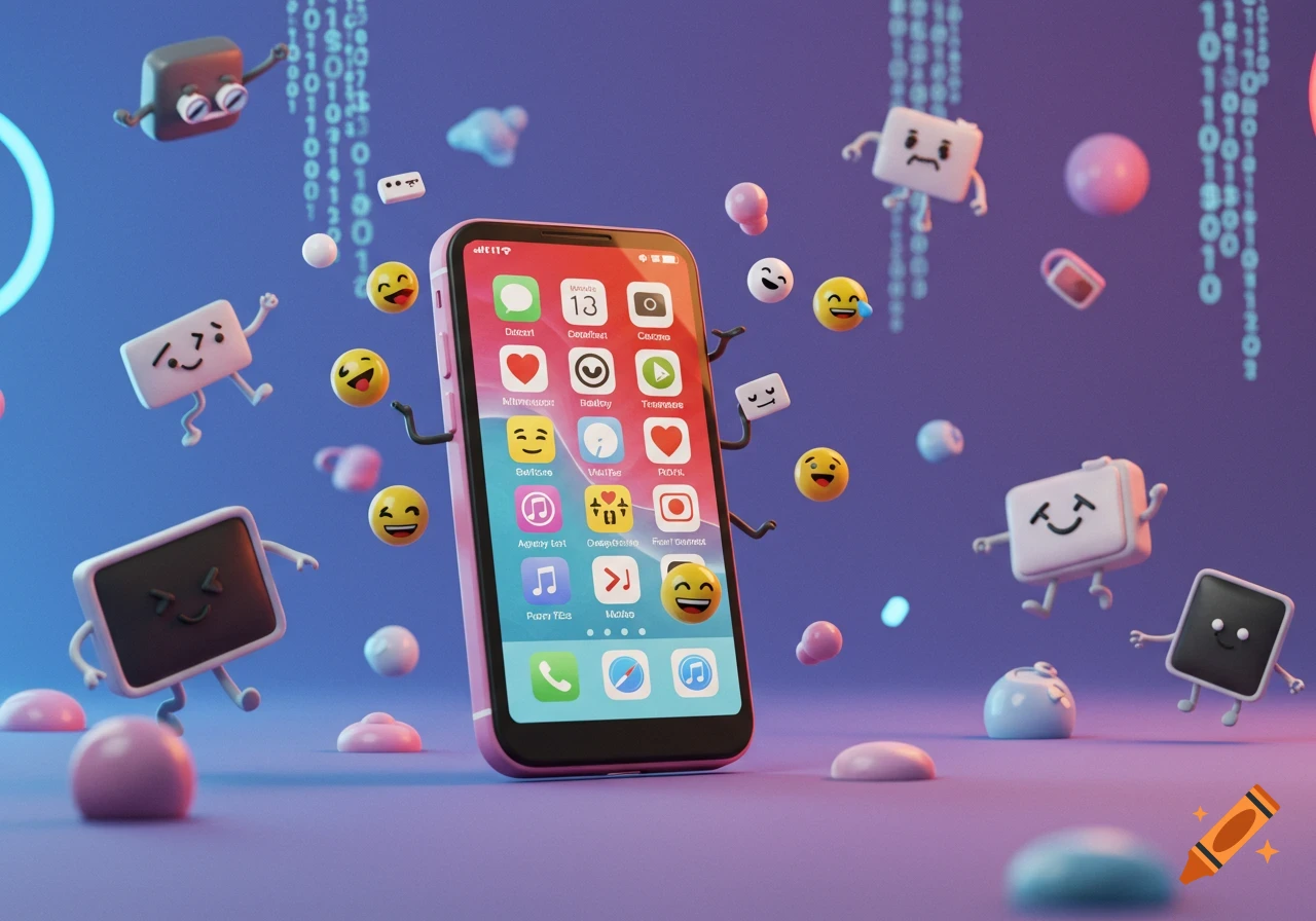 A 3D cartoon mobile phone with arms, surrounded by floating emojis and binary code on a blue-purple background.