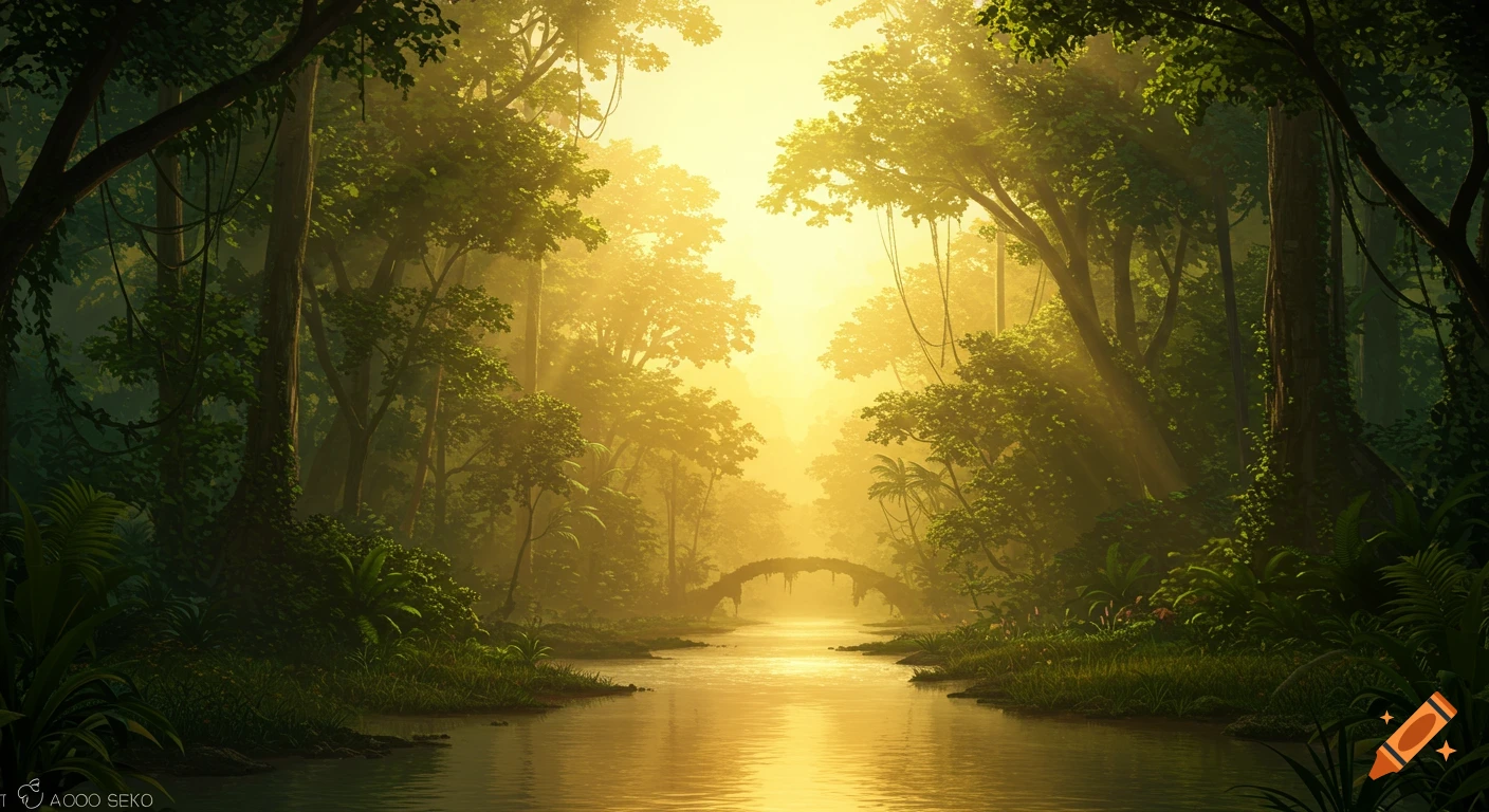 A sunlit rainforest with a river winding through, leading to an old stone bridge under a bright golden sky.
