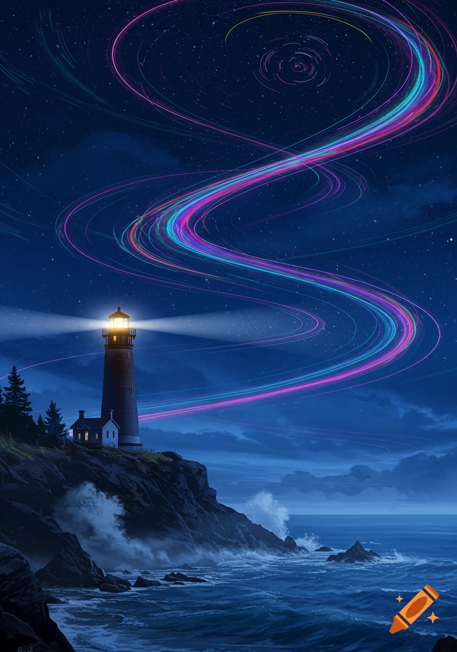 A lighthouse on a rocky cliff under a starry night sky, with vibrant pink and blue light swirls tracing paths above.