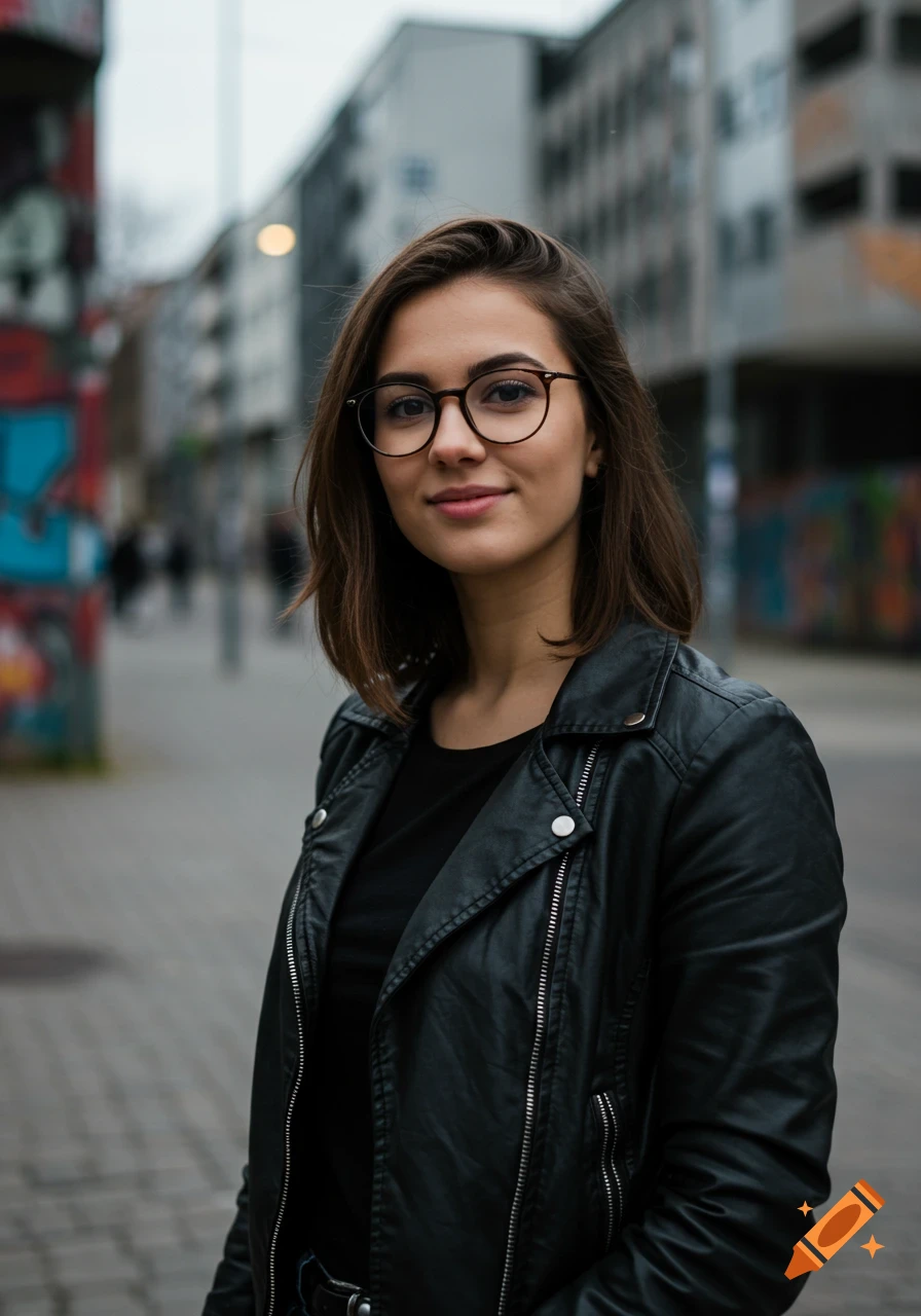 A young woman in a black leather jacket and glasses stands on an urban street, smiling slightly.