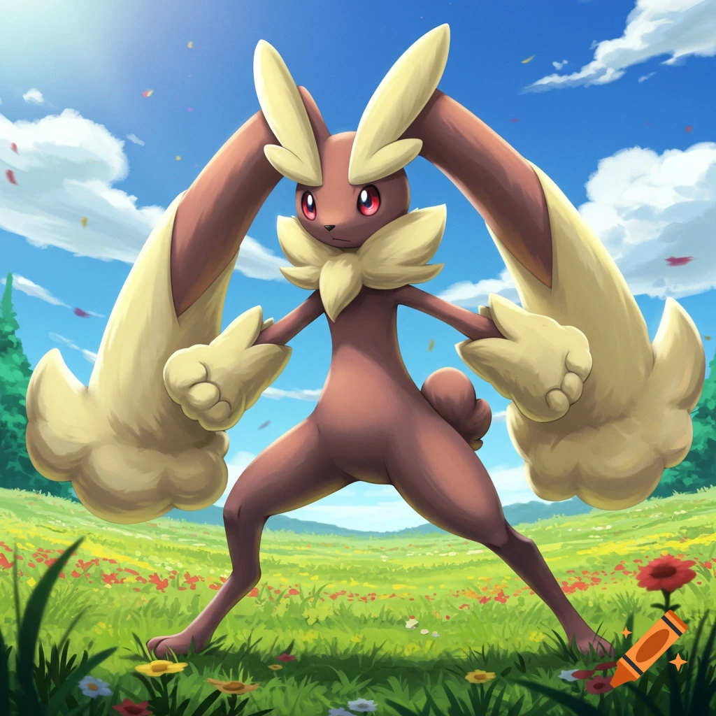 A brown and cream Mega Lopunny stands in a vibrant green field with colorful flowers under a bright blue sky.