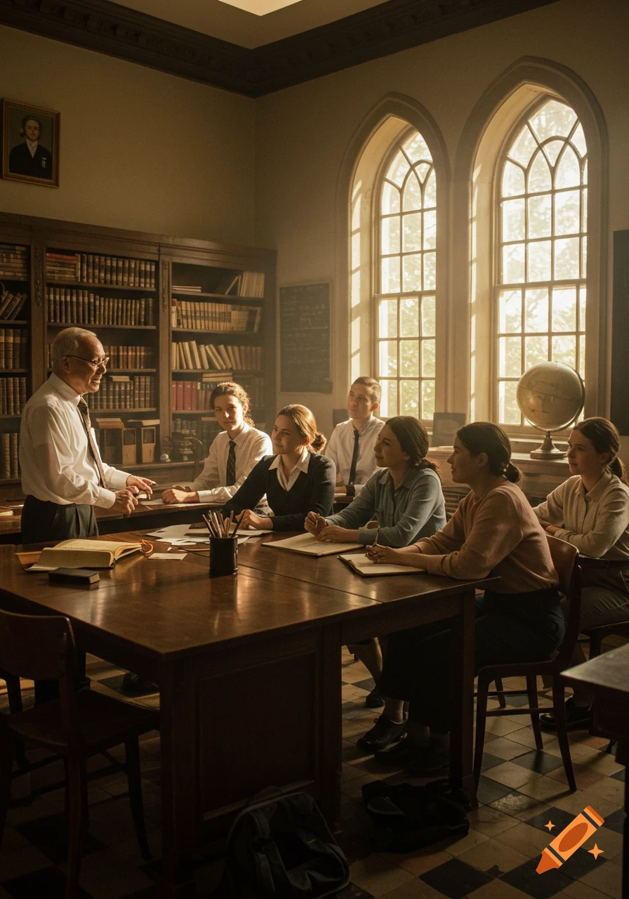 An older teacher stands at a wooden table, teaching a class of young adult students in a sunlit, traditional classroom.