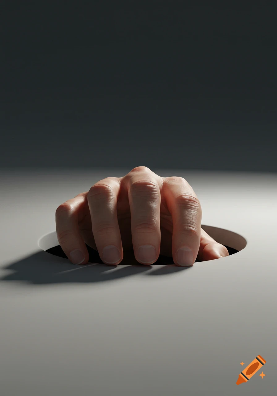 A realistic human hand with fingers outstretched, grasping the edge of a circular hole in a smooth, light gray surface, with dramatic shadows.