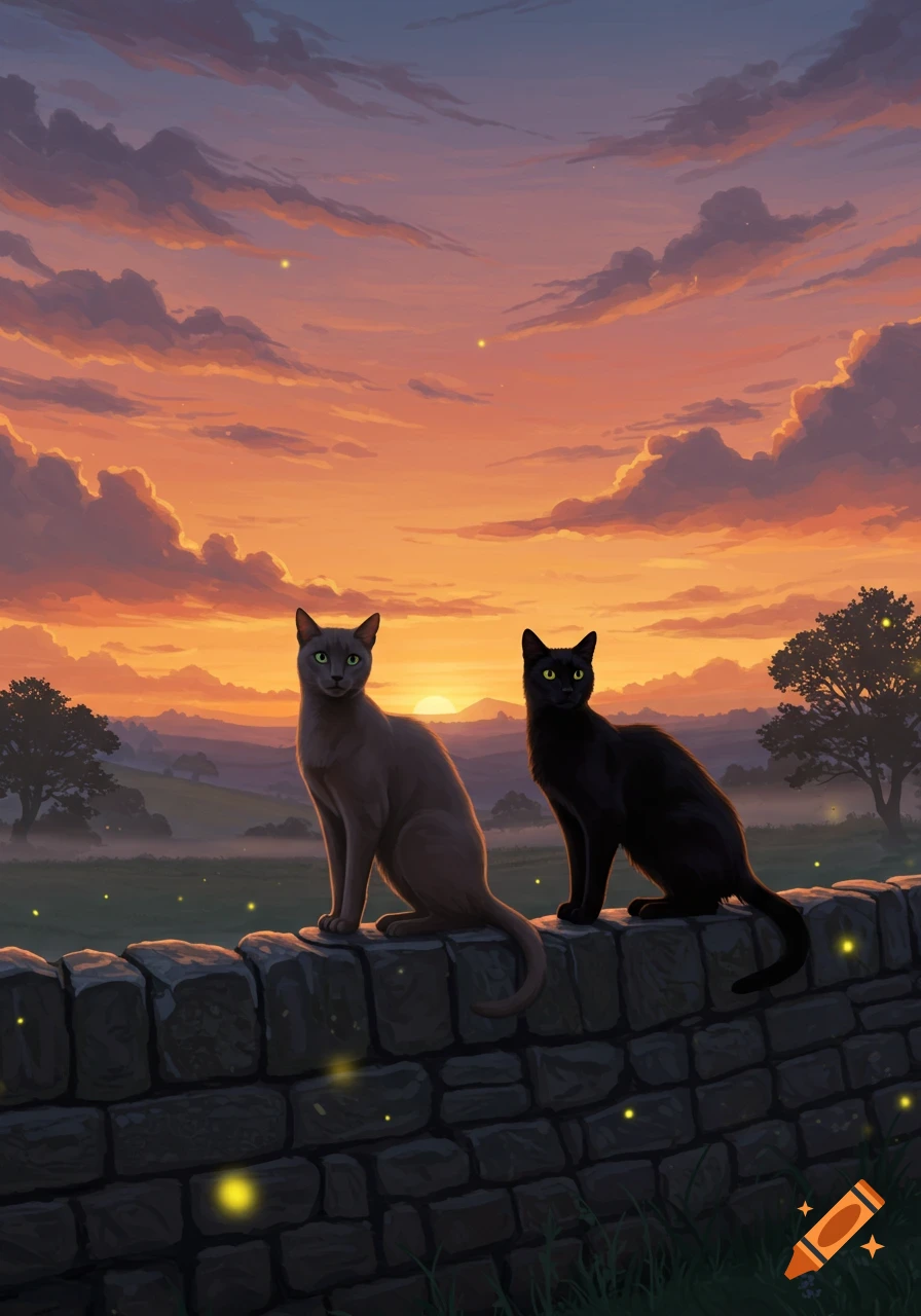 Two cats, one grey and one black, sit on a stone wall in a field with fireflies at sunset in a painterly style.