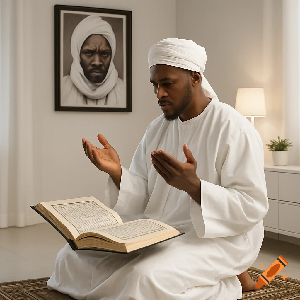 A man in white robes and a turban kneels on a prayer mat, holding an open holy book, in a minimalist room with a framed portrait.