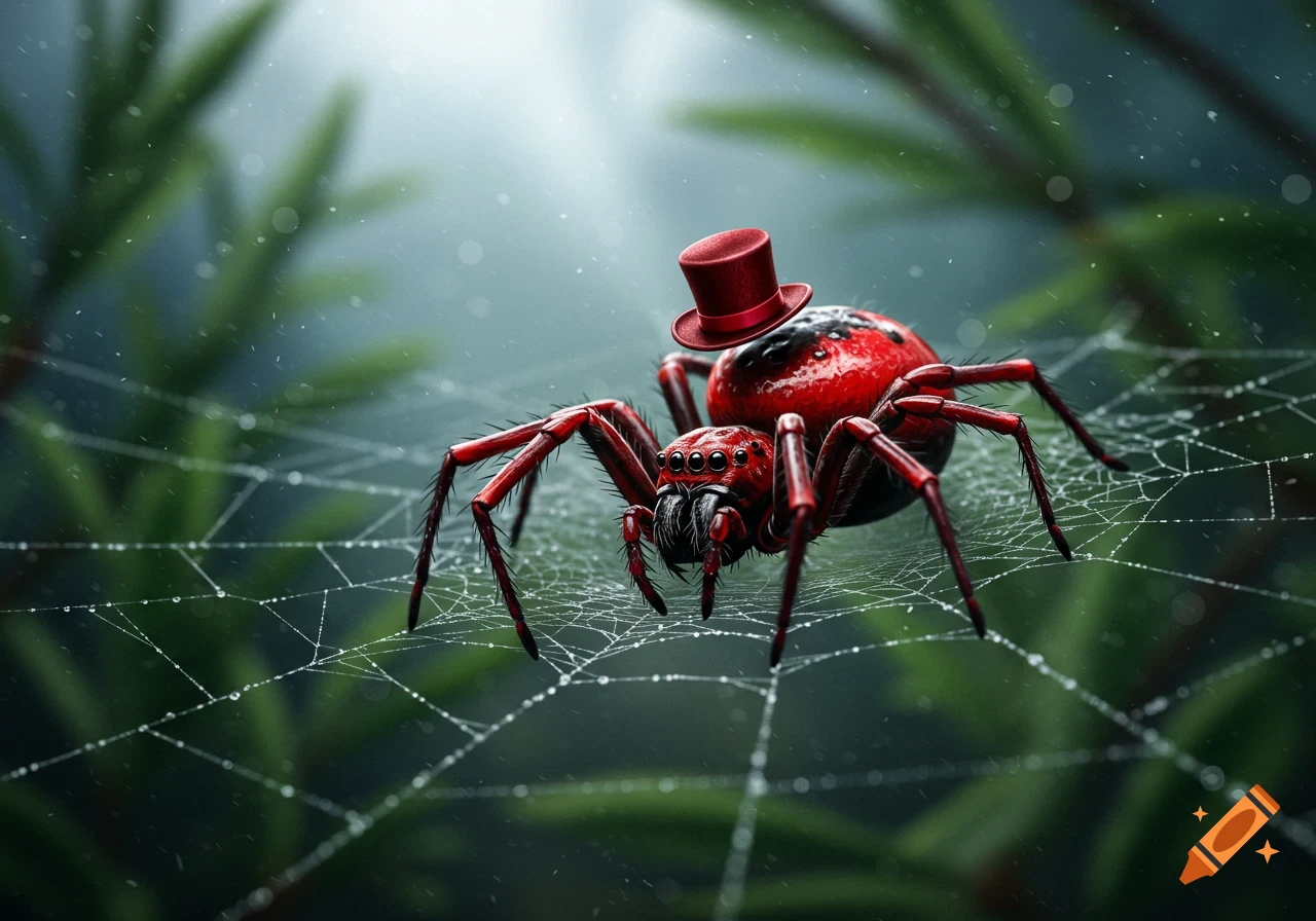 A vibrant red and black spider wearing a small red top hat sits on a dewy spiderweb amidst green foliage, digital art.