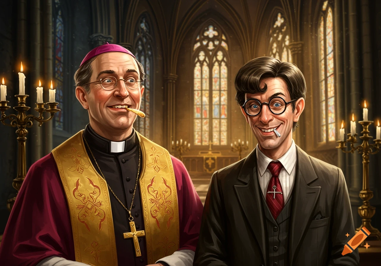 A stylized illustration of a smiling priest with a stick in his teeth next to a man with a cigarette, both in a gothic church.