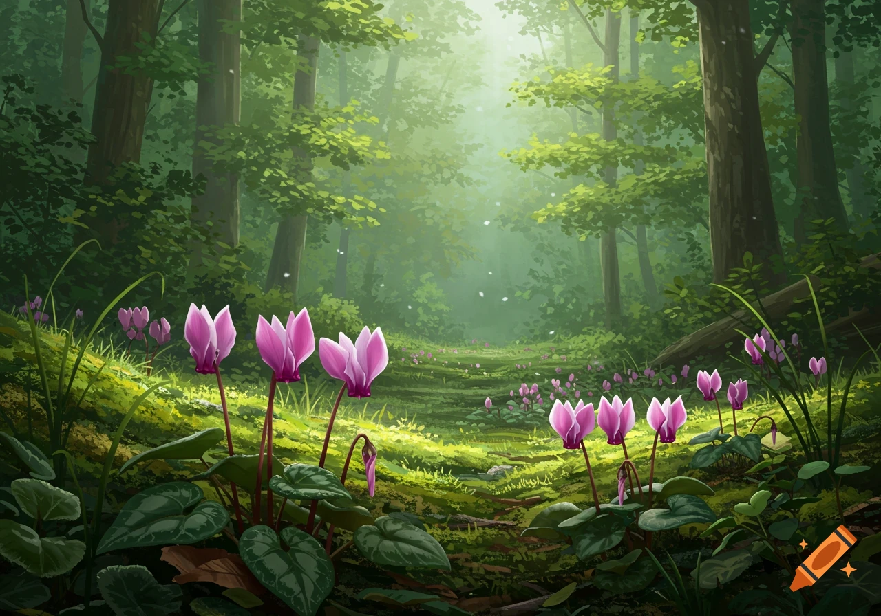 Pink cyclamen flowers bloom along a sunlit path through a lush green forest in an illustrative style.