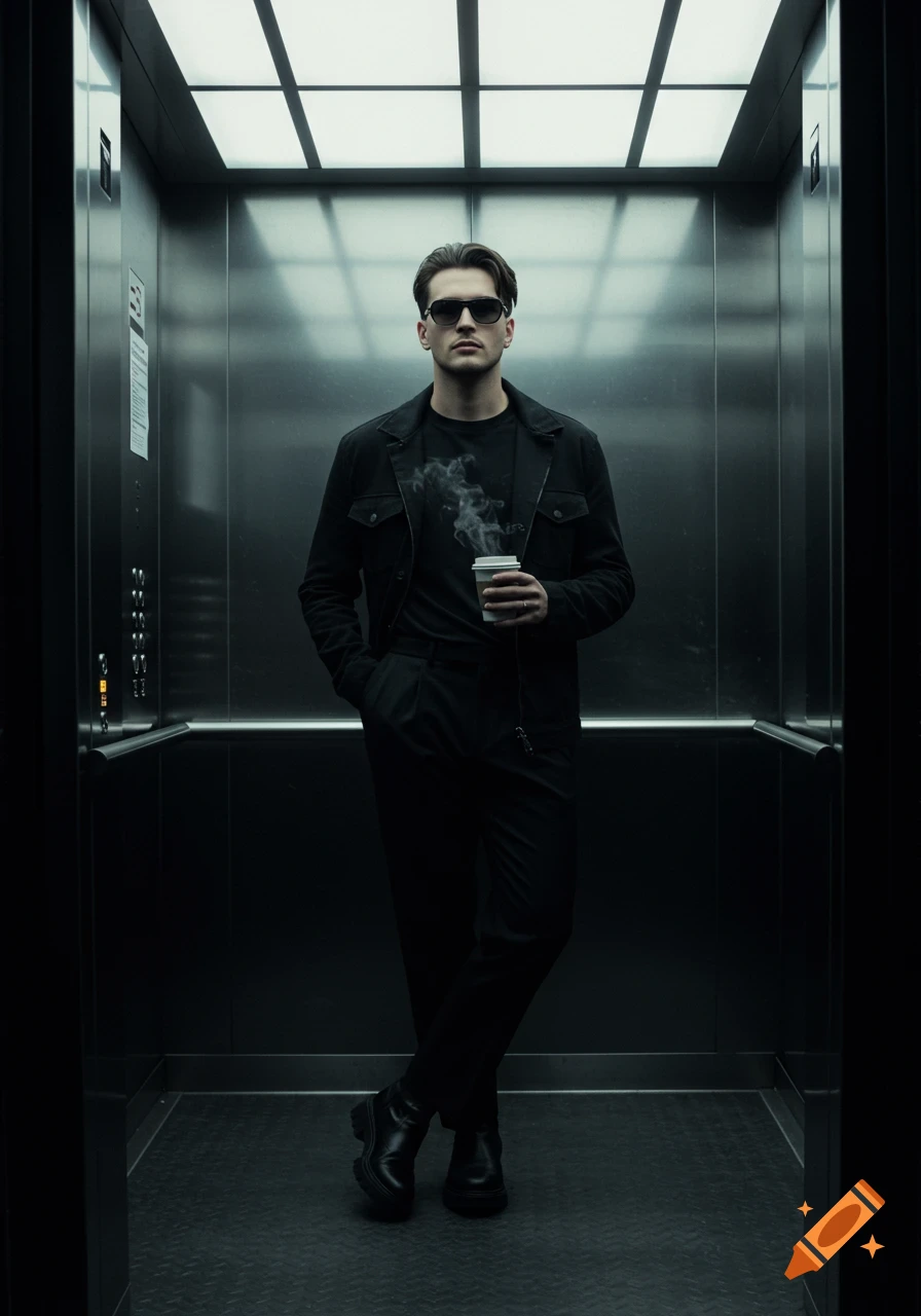 A man in a black outfit and sunglasses stands confidently in a metallic elevator, holding a steaming coffee cup.