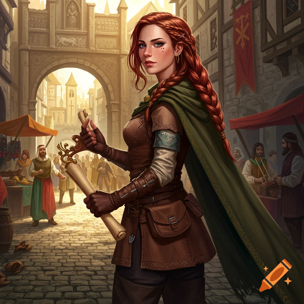 Red-haired woman in a green cape and brown leather attire holding scrolls in a bustling medieval market street, digital painting.