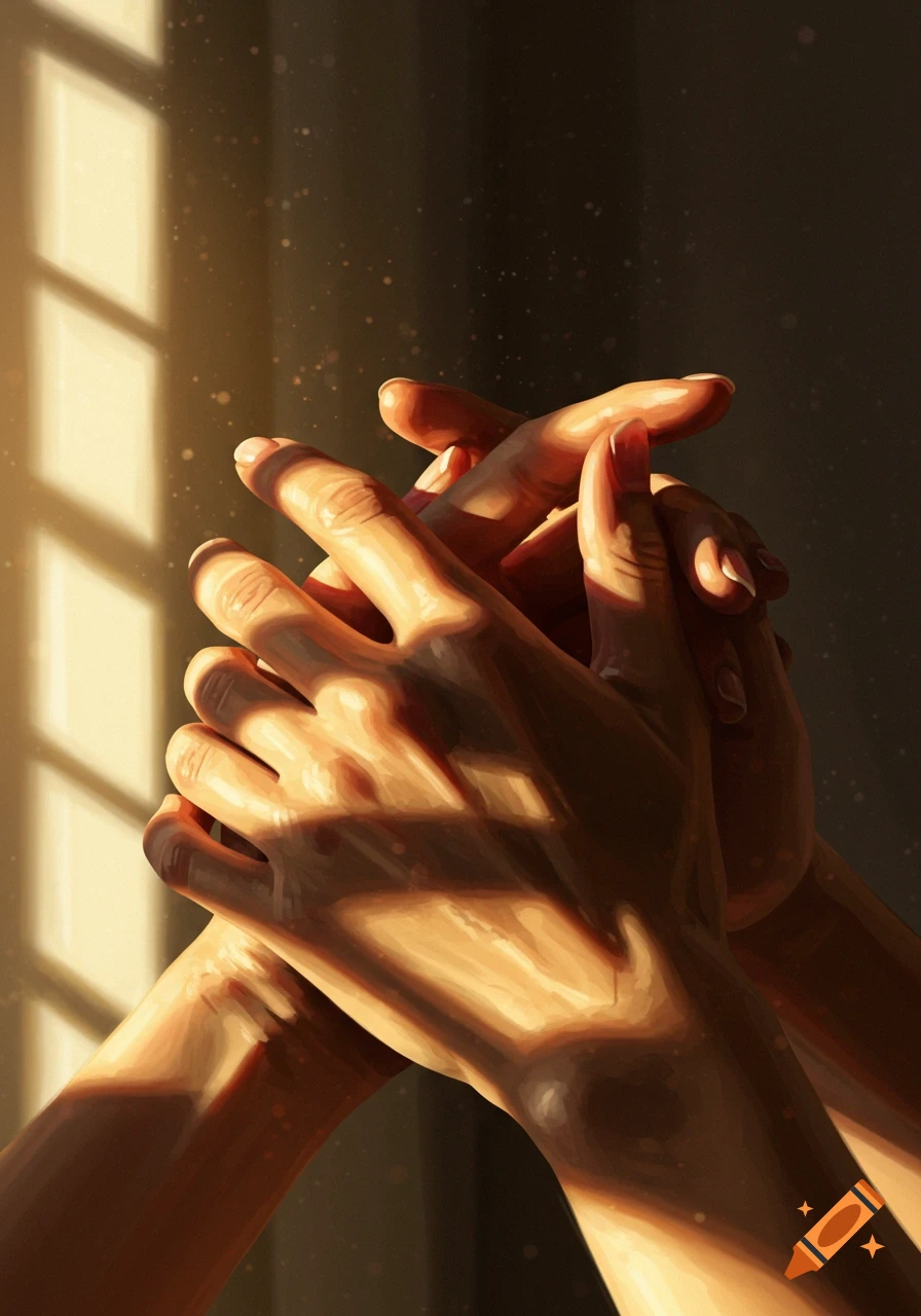 Multiple hands intertwined in warm sunlight, dust motes visible in the beams, artistic lighting.