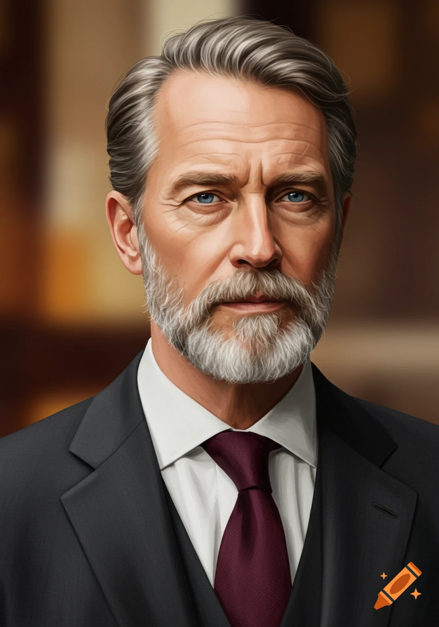 Realistic portrait of a distinguished older man with gray hair and beard, blue eyes, wearing a dark suit and maroon tie.