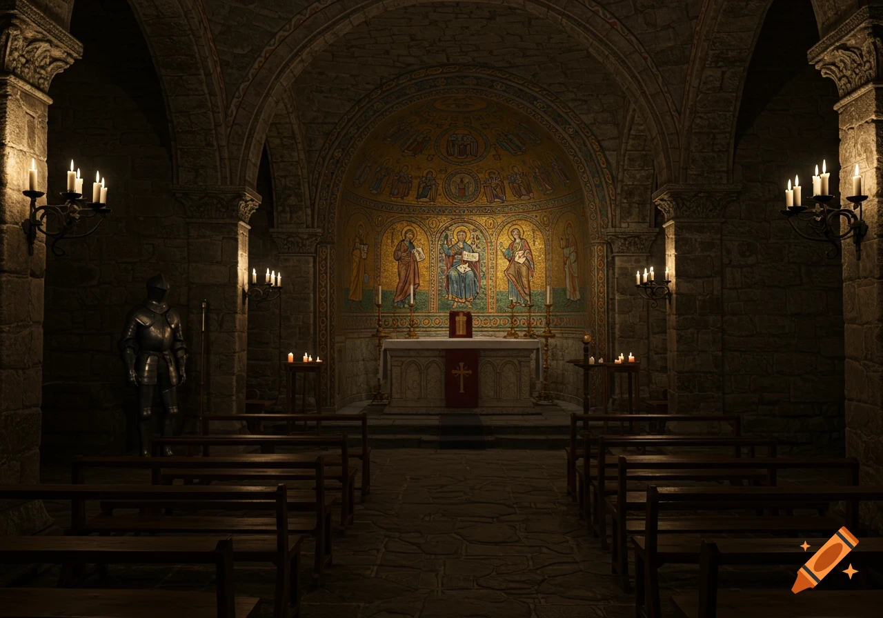 An ancient, dimly lit stone chapel with rows of wooden pews, wall-mounted candles, and a knight's armor. A vibrant mosaic depicts religious figures above a central altar.
