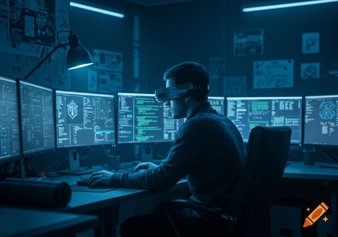 A programmer in a dark, blue-lit room wears futuristic VR goggles while coding on multiple computer monitors.