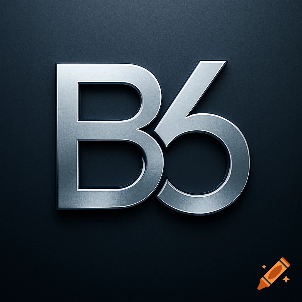 A shiny silver metallic 3D logo featuring the letter B and the number 6 on a dark background.