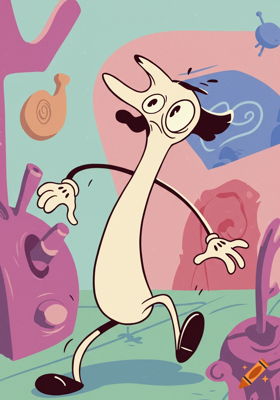 A worried cartoon character with a fork-like head, big eyes, and white gloves runs through a surreal pink and teal landscape.